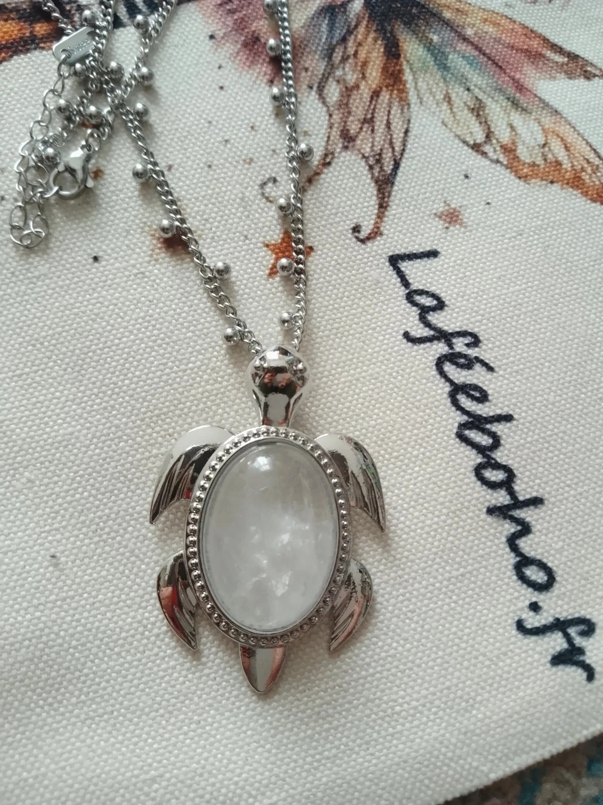 Collier tortue en cristal de quartz et acier inoxydable argenté